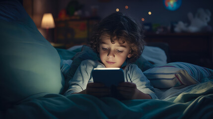 Little boy using tablet pc in bed at night.