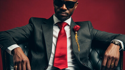 Handsome African American man in a black suit with a tie and a rose flower. National Bosss Day, Big boss.