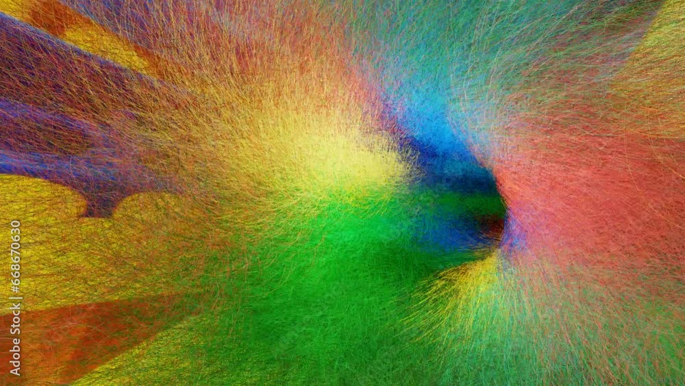 Poster movement inside a pipe covered with multi-colored thick wool. abstract looping endless animation. 3d
