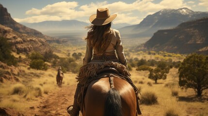 The back view of a cowboy riding a horse. Generative AI.
