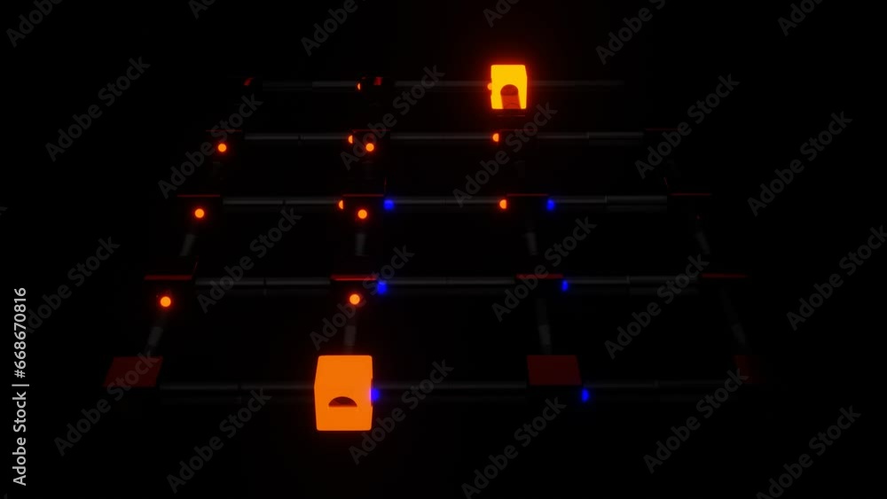 Poster glowing spheres fly in transparent tubes connected by flashing cubes. 3d render.