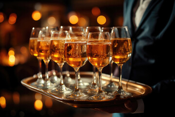 Glasses and champagne on a tray on the waiter's hand against the background of side lights