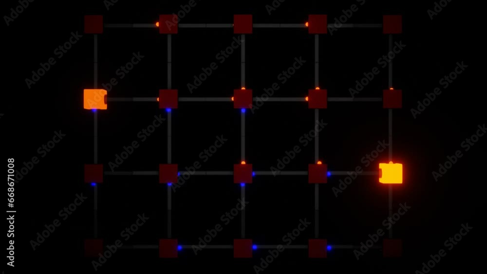 Poster glowing spheres fly in transparent tubes connected by flashing cubes. 3d render.