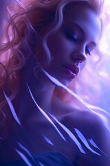 A Woman Embracing the Radiance of purple Illumination - Serene documentary art portrait with captivating abstract purple lighting of a beautiful woman.
