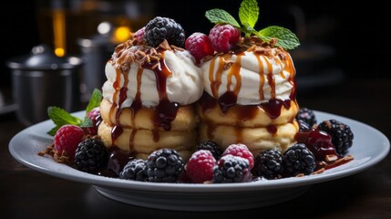 Three desserts on a plate with berries on top. Generative AI.