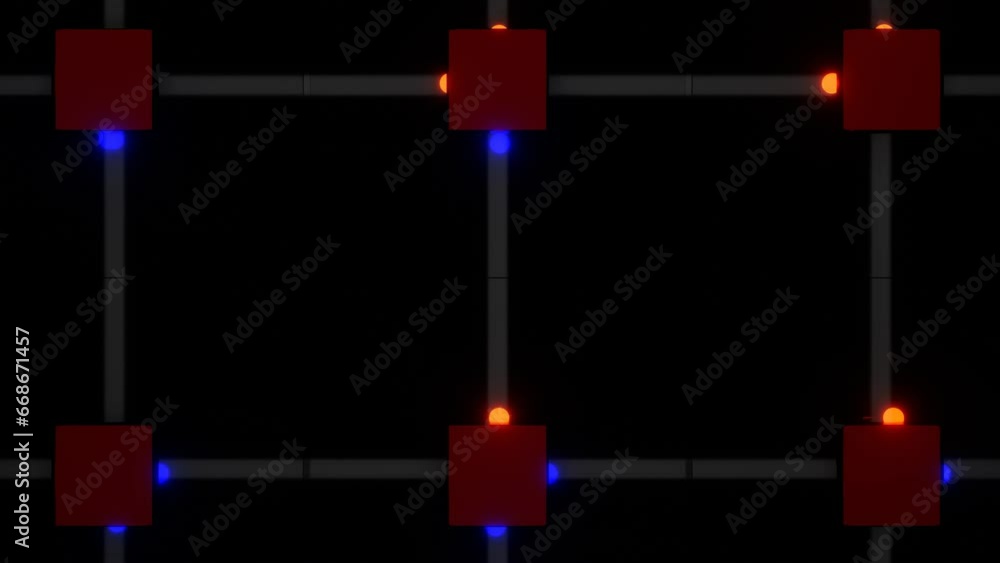 Poster glowing spheres fly in transparent tubes connected by flashing cubes. 3d render.