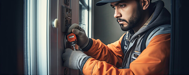 Worker install of a lock on the front door. locksmith working on unlock the door knob. - obrazy, fototapety, plakaty