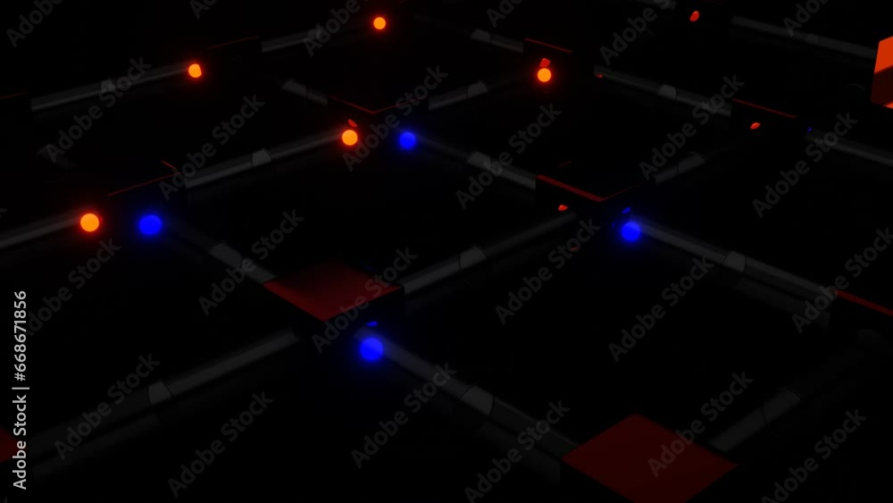 Poster glowing spheres fly in transparent tubes connected by flashing cubes. 3d render.