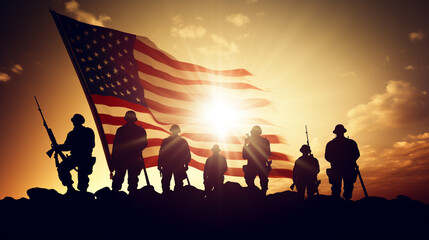 Independence Day, silhouette of American Heroes with flag background the bright sky. generative ai - obrazy, fototapety, plakaty