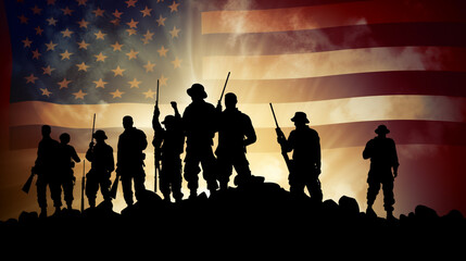 Independence Day, silhouette of American Heroes with flag background the bright sky. generative ai