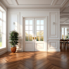 White entrance doors in a private house in the living room in a classic style