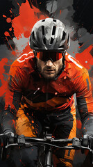 Man riding a mountain bike. Poster with powerful and dynamic male sports on a bicycle, helmet and googles for racing, wearing cross bike equipment. cycling in action concept. racer effort - obrazy, fototapety, plakaty