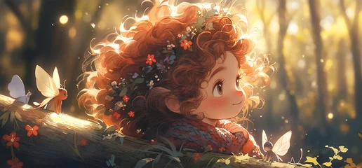 Tuinposter lovely sweet little curly red-haired child fairy in the woods during autumn, with tiny winged fairies, wreath of little flowers on head. Fantasy illustration with cartoon girl, big eyes, dreamy fable © Andrea Marongiu