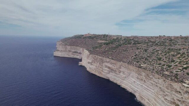 Aerial panoramic drone footage of the Mediterranean Sea from the Dingli Cliffs (Rdum ta' Had-Dingli), Malta