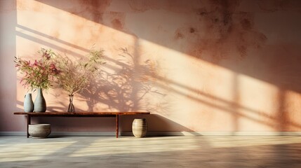 Minimalist room with pink textured walls, sunlight casting shadows, wooden table and vibrant floral vase.