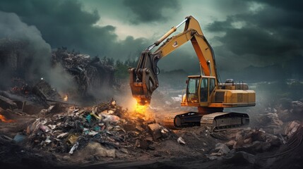 A excavator is working on a pile of garbage.