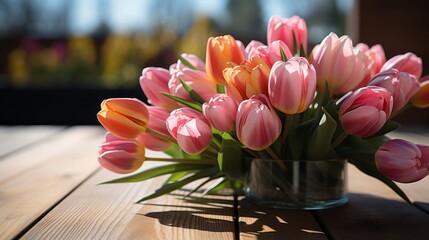 Tulips flower bouquet on wooden plank. Generative AI. - obrazy, fototapety, plakaty
