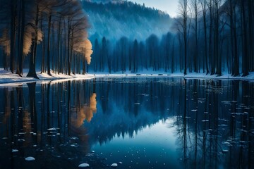 blue sky with deep stars shinning in the sky with whute trees water lake withbench in river side abstract backgriund 