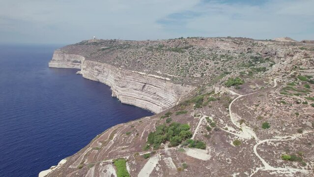 Aerial panoramic drone footage of the Mediterranean Sea from the Dingli Cliffs (Rdum ta' Had-Dingli), Malta
