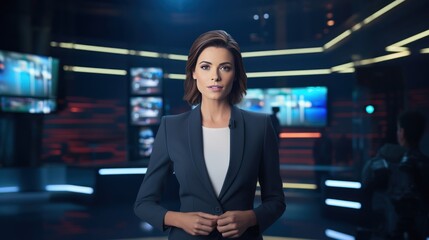 A female news anchor in a suit stands on stage looking at the camera and announcing the news. In a bright room with an LED screen and 3D inscriptions telephoto lens night lighting