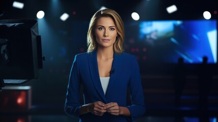 A female news anchor in a suit stands on stage looking at the camera and announcing the news. In a bright room with an LED screen and 3D inscriptions telephoto lens night lighting