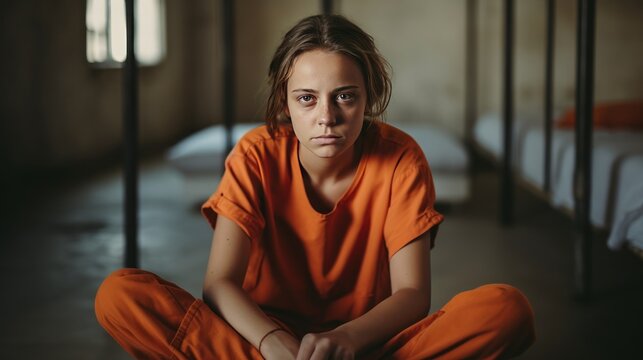 A female prisoner in an orange uniform sits depressed on the bed. prison detention center