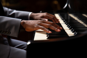 Fototapeta premium hands of an African-American pianist in a suit plays the piano, close-up. music theme concept