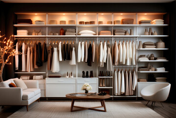 Modern wardrobe with women's clothes hanging on a hanger in a designer interior