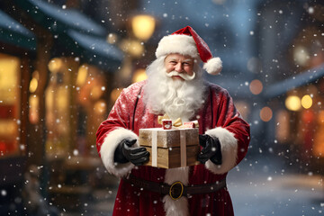 Happy Santa Claus outdoors in snowfall with christmas gift box in the hands.