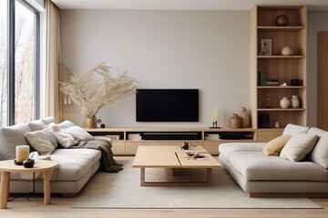  a living room with japandi interior design, light grey sofa, mounted tv and light oak or white console.