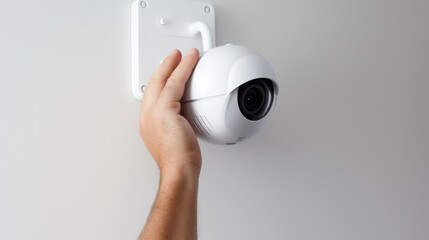 Repairman standing and holding a modern Wi-Fi security camera mounted on a white wall