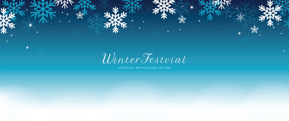 Winter festival seasonal background vector illustration. Christmas holiday event snowfall, snowflake, sky, night, twinkling. Design for poster, wallpaper, banner, card, decoration. - obrazy, fototapety, plakaty