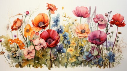 Watercolor illustration of colorful wildflower. Generative AI.
