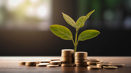 Fototapeta na wymiar green plant growing from a stack of coins on a business table, representing the concept of sustainable financial growth, positive outcomes and good financial decisions 