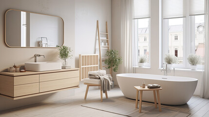 Fototapeta na wymiar Scandinavian home interior bathroom, Characterized by light colors, minimalistic design, natural materials, and functionality