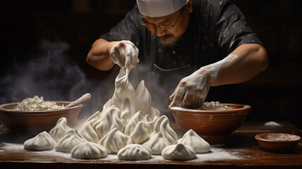 The cook enthusiastically makes khinkali from dough, flour flies in different directions.