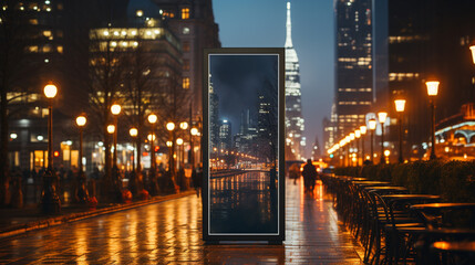 Fototapeta na wymiar Empty frame on a cityscape background mockup