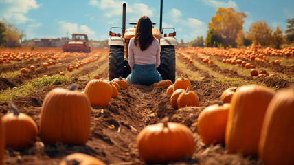 Female farmer riding a tractor in a pumpkin field, harvesting crops. Generative AI