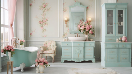Shabby Chic home interior bathroom, A vintage and distressed look with pastel colors, floral patterns, and antique furniture