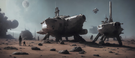 Ruin of an alien spacecraft on a barren, uncharted planet. Generative AI.