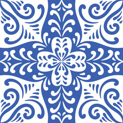 Pattern blue and white. Winter decor, snowflakes,christmas decor. Seamless pattern tile with Victorian motives.Ceramic tile in talavera style. Ornamental blue and white patterns for any decor.