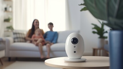 A close-up of a modern Wi-Fi security camera mounted on a white wall turns to a family sitting on a sofa in the blurred background - obrazy, fototapety, plakaty