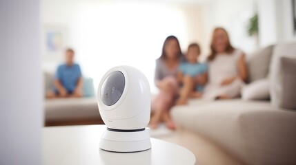 A close-up of a modern Wi-Fi security camera mounted on a white wall turns to a family sitting on a sofa in the blurred background