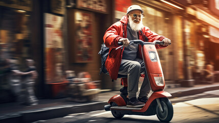 Elderly sushi delivery man hurrying to order on electric scooter. Generative AI