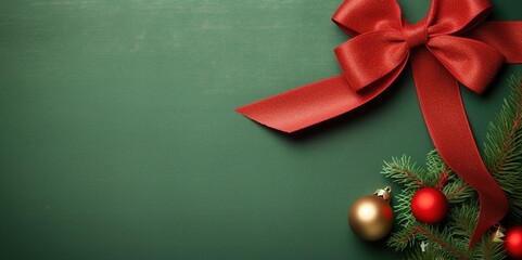 The d&eacute;cor is designed against a minimal Christmas backdrop with a gold ball with pine branches and a red bow with a green copy area.