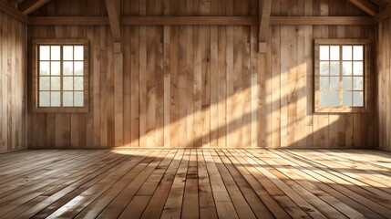 Wooden empty room of house or ranch with sun. Generative AI.