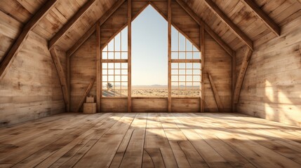 Fototapeta na wymiar Wooden empty room of house or ranch with sun. Generative AI.