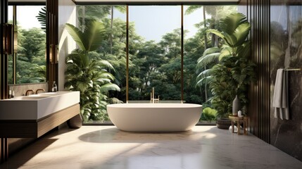 Modern luxury bathroom with tropical style garden view 3d render,There are marble floor and wall and copper frame mirror,Rooms have large windows, overlook nature view.
