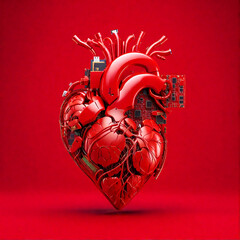Human heart in the air with PC processor and microcircuits on a red background