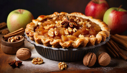 A Delicious Apple Pie with Sugar and Walnuts
